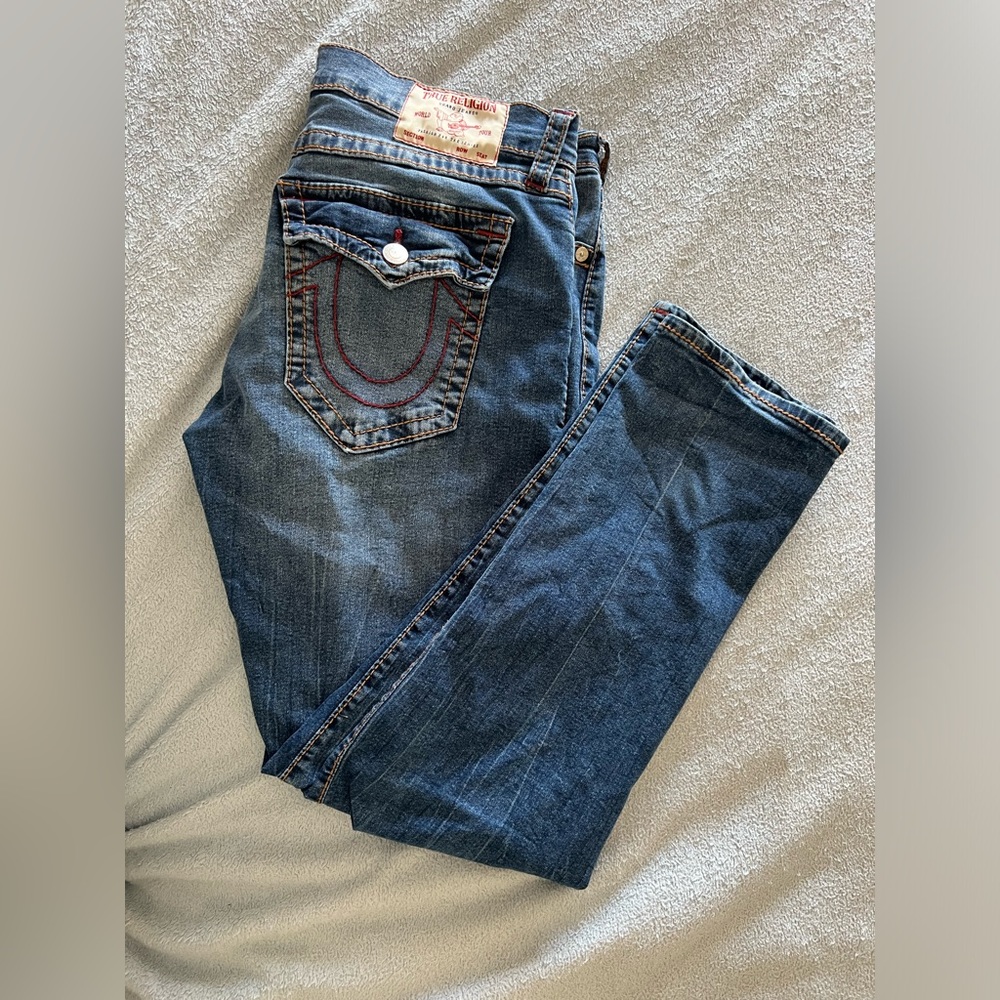 True Religion Geno Big T Flap Relaxed Slim Dark Roper Wash Jeans (Size 34)